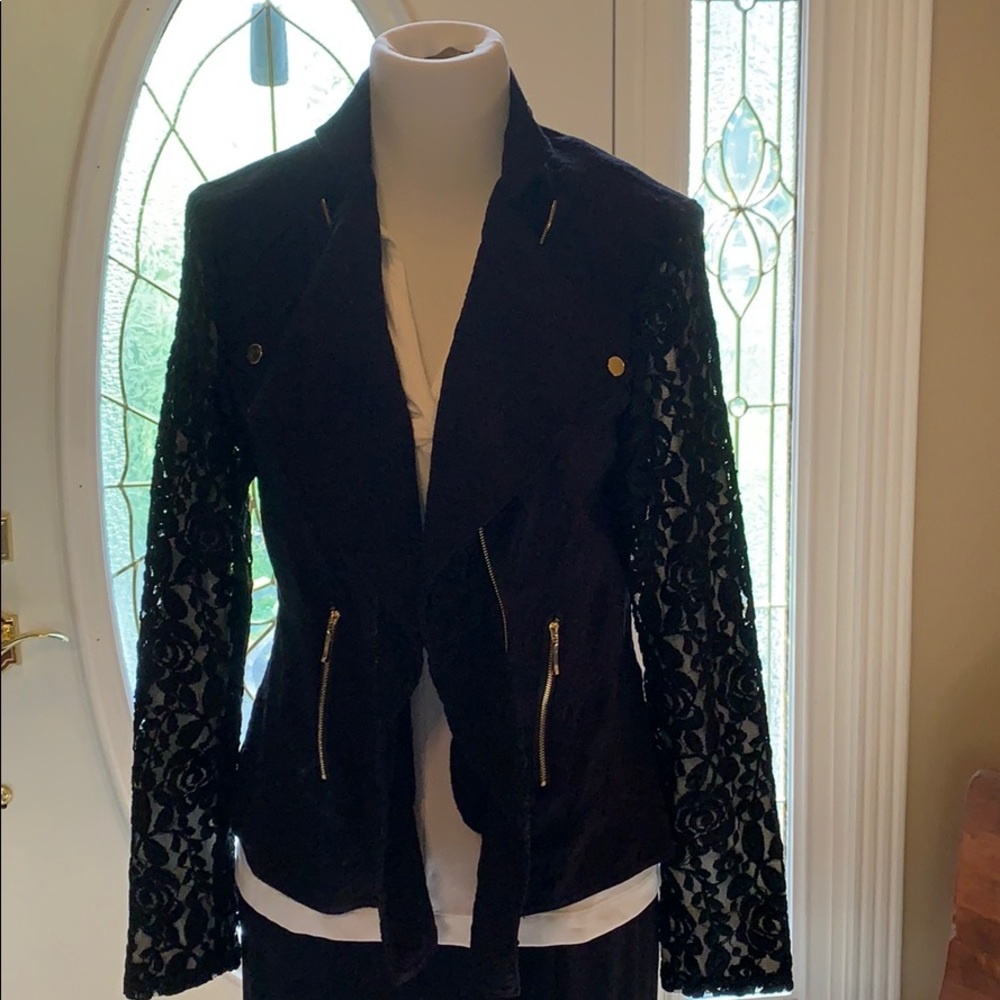 NWOT L Lisa International black lace moto jacket